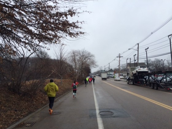 A long line of runners (I think this was in Natick)